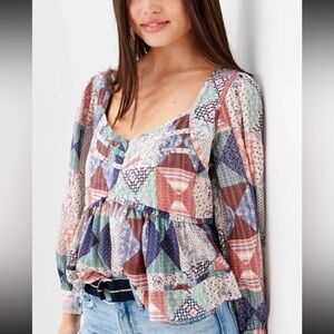 Cropped Patchwork Babydoll Blouse Cottagecore Milkmaid Puffed Sleeves GUC